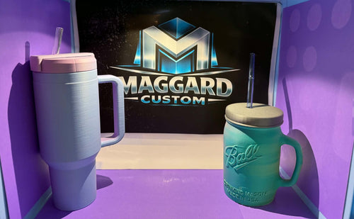 3D printed 12oz drink koozies in tumbler and mason jar styles with handles and straw slots in light blue and teal colors