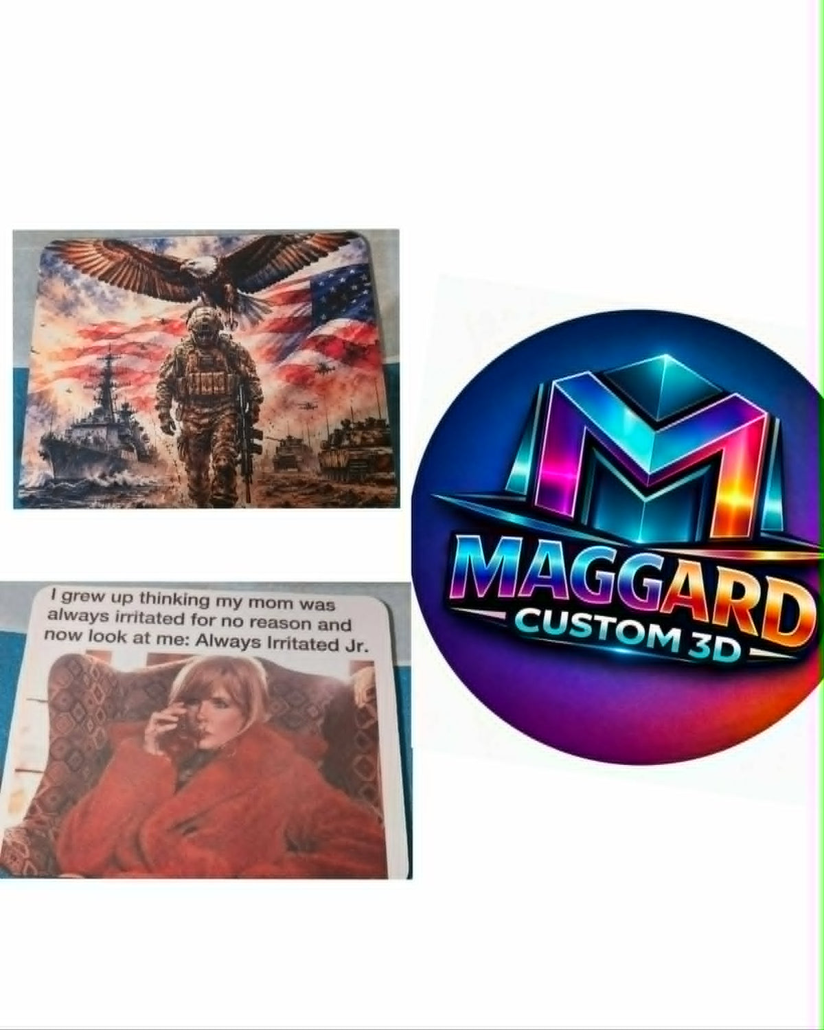 Custom printed mouse pads showing patriotic military eagle design and novelty humor design next to Maggard Custom 3D logo